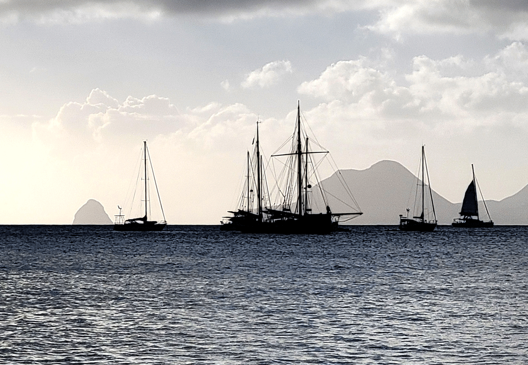 St Anne harbor in Martinique looking at Diamond Rock in distance
